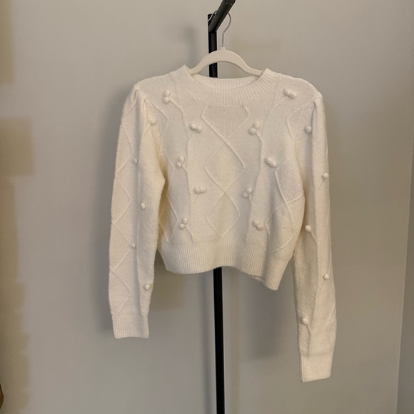 Elodie Sweaters - Cottagecore Cream Knit Sweater Cropped Textured Pom Pom Pullover Small